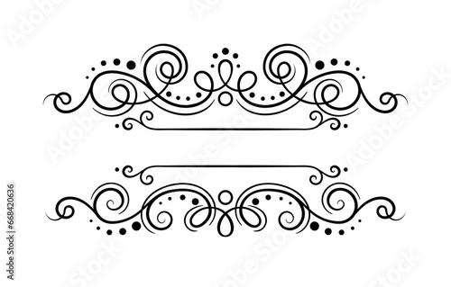 Calligraphic frame concept. Divider for ancient books in retro style. Aesthetics and elegance. Poster or banner for website. Linear flat vector illustration isolated on white background