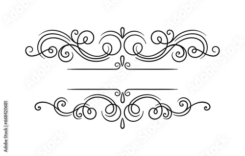 Calligraphic frame concept. Divider for ancient books in retro style. Rocococ and baroque swirl. Template and layout. Linear flat vector illustration isolated on white background