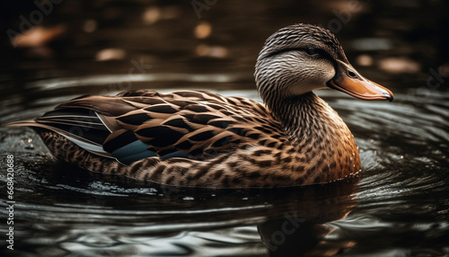 A beautiful duck in nature, its beak reflecting in the pond generated by AI