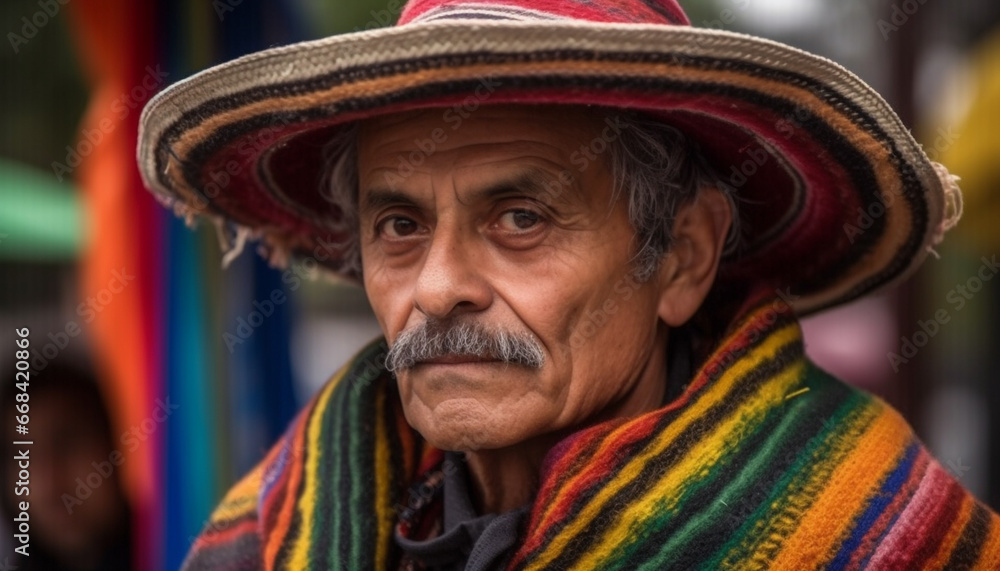 Senior Aymara men in traditional clothing smiling, looking at camera generated by AI Senior Aymara men in traditional clothing smiling, looking at camera generated by AI
