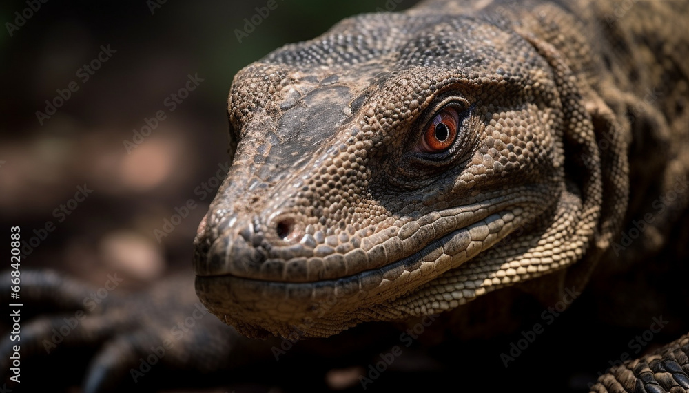 Large monitor lizard in tropical rainforest, looking at camera generated by AI Large monitor lizard in tropical rainforest, looking at camera generated by AI