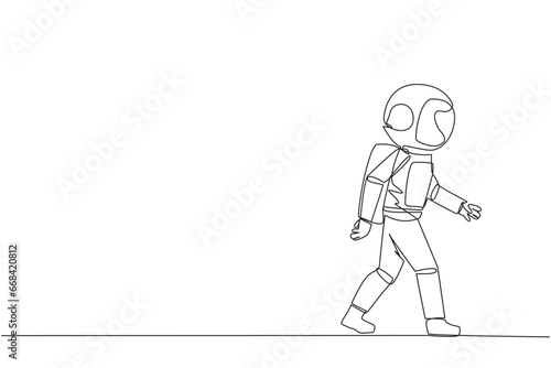 Single one line drawing young astronaut walking to canteen to break and lunch. Taking time for a while to hone ideas back into brilliant ideas. Success. Continuous line design graphic illustration