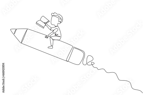 Single one line drawing a boy rides on a pencil-shaped rocket. Reading a book at a height. Read books anywhere. Very good habits. Book festival concept. Continuous line design graphic illustration