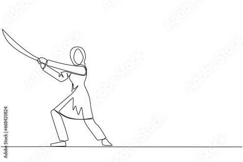 Single one line drawing Arab businesswoman holding samurai. Stylized like samurai athlete guarding business. Prepared to eliminate disrupt business growth. Continuous line design graphic illustration