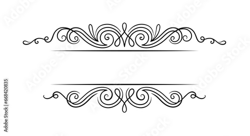 Calligraphic frame concept. Divider for ancient books in retro style. Swirl patterns with straight lines. Template and layout. Linear flat vector illustration isolated on white background