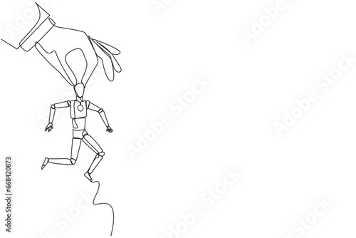Single continuous line drawing big hand holding smart robotic. Workplace moving metaphor. Position transfer. Level up. Have bigger responsibilities. Successful. One line design vector illustration
