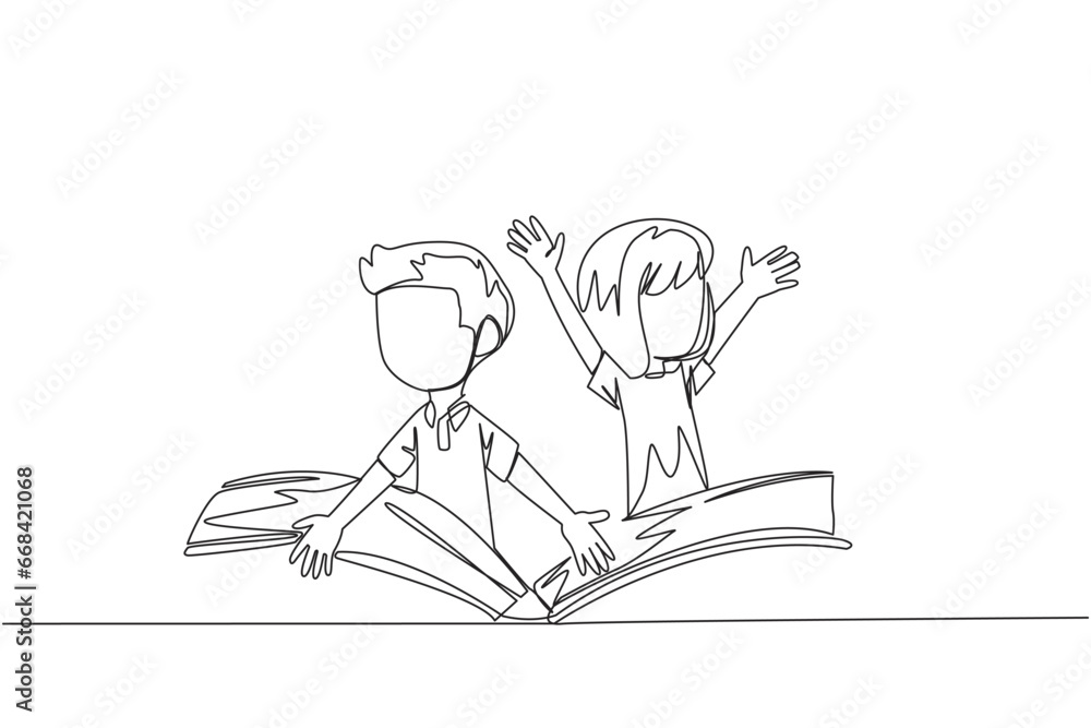 Single continuous line drawing the happy kids pops out from the middle of the book. Imagine the storyline. Experience a storybook adventure. Book festival concept. One line design vector illustration