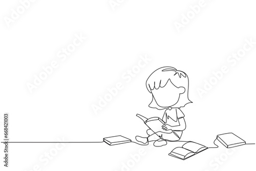 Single one line drawing girl sitting relaxed in a library reading a lot of books. Looking for answers to school assignments. Reading hobby. Book festival. Continuous line design graphic illustration