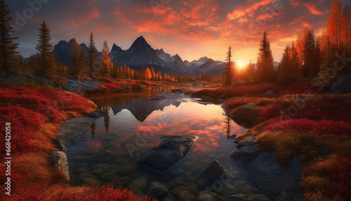 Tranquil scene nature beauty reflected in multi colored sunset over mountains generated by AI