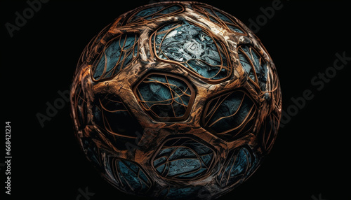 Shiny gemstone sphere on black background, , reflecting abstract patterns generated by AI