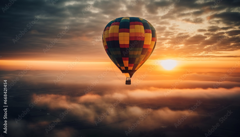Men in hot air balloon enjoy flying adventure in nature generated by AI