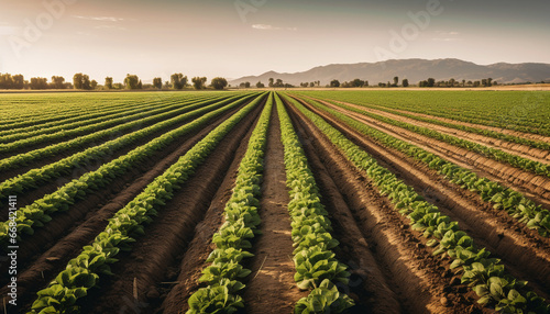 Organic agriculture grows fresh vegetables in a rural meadow landscape generated by AI