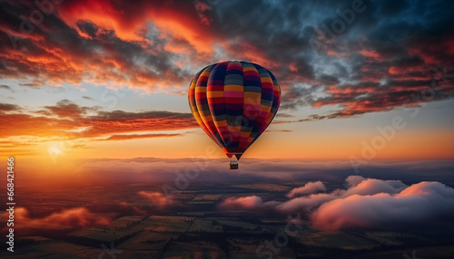 Hot air balloon flying at sunset  an adventure in nature generated by AI