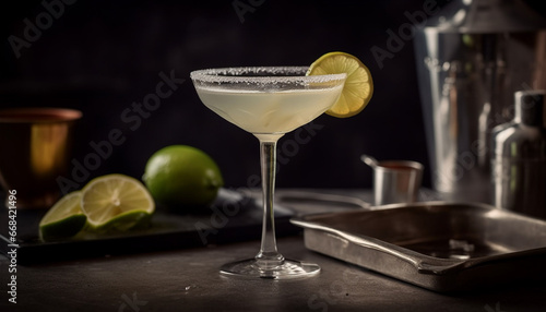 Fresh lime slice in a glass of tequila, refreshing cocktail generated by AI