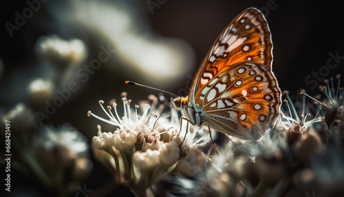 Vibrant butterfly pollinates fragile flower in tranquil summer scene generated by AI