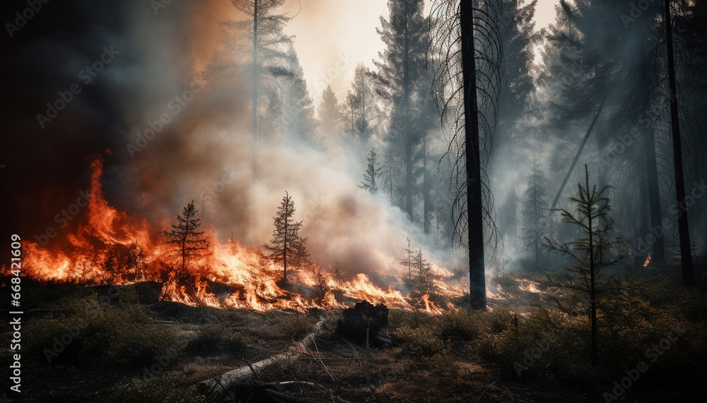 Burning forest fire destroys natural environment, leaving ash and destruction generated by AI