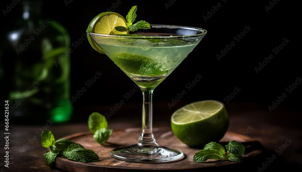 Refreshing mojito cocktail with mint leaf, lime, and ice generated by AI Refreshing mojito cocktail with mint leaf, lime, and ice generated by AI