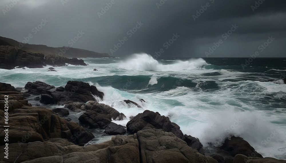 Rough surf crashes against rocky coastline in dramatic storm weather generated by AI