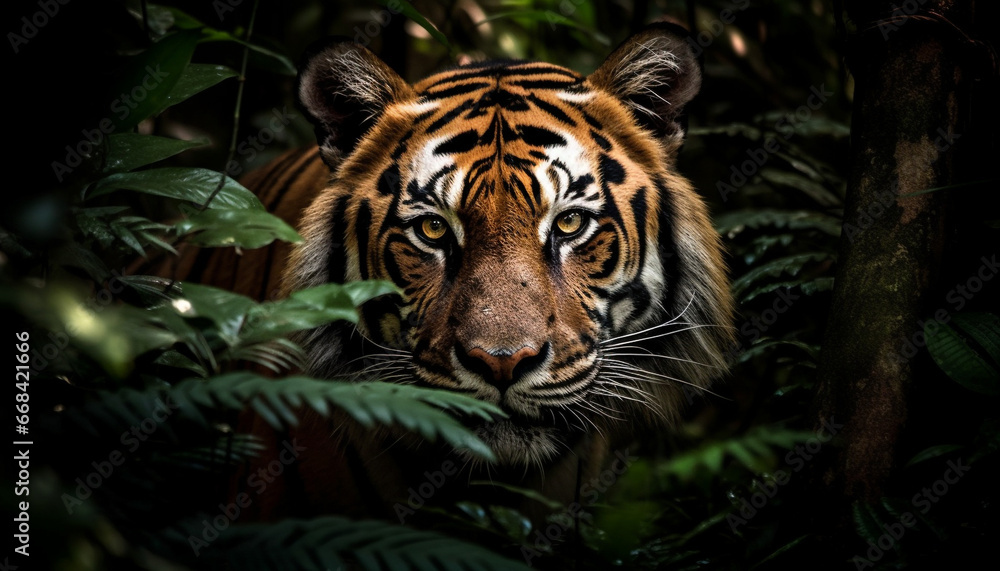 Bengal tiger staring fiercely, its majestic beauty in nature pattern generated by AI