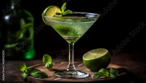 Refreshing mojito cocktail with mint leaf, lime, and ice generated by AI