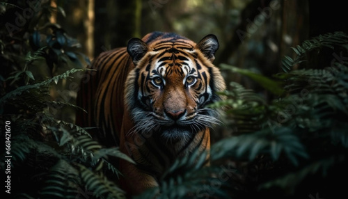Bengal tiger staring, striped fur, dangerous beauty in nature generated by AI © Stockgiu