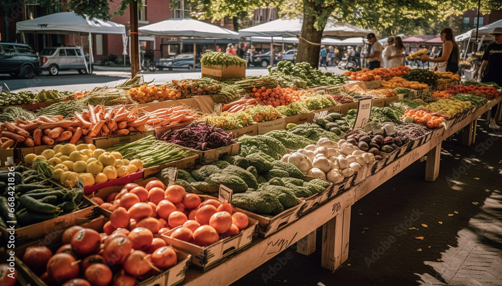 Fresh organic fruits and vegetables for sale at outdoor market generated by AI