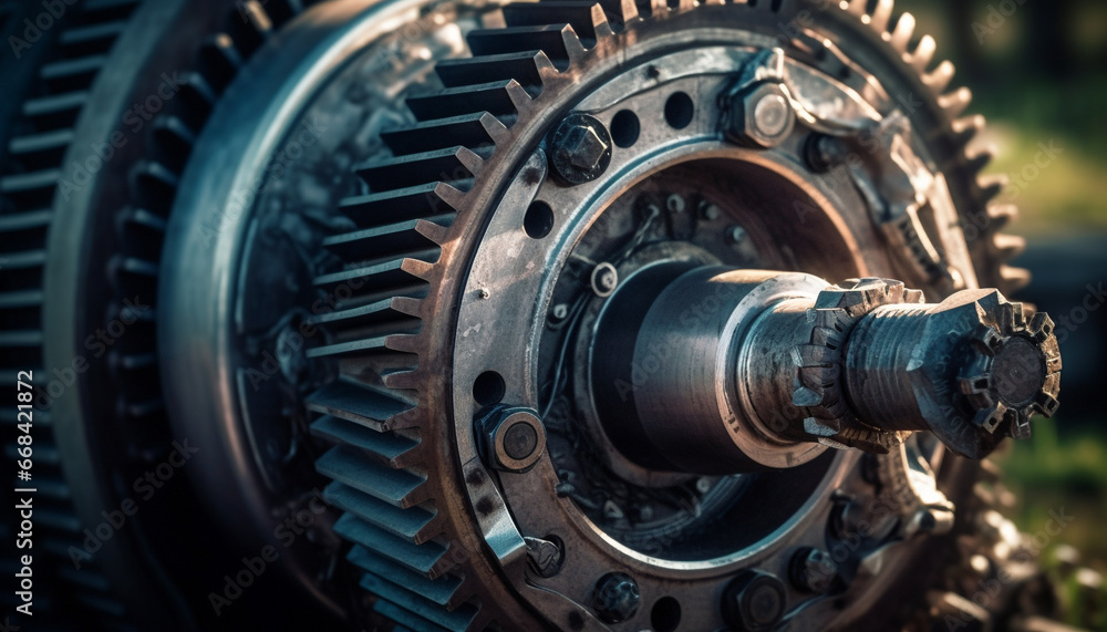Metallic machinery turning in close up, interlocked for manufacturing progress generated by AI Metallic machinery turning in close up, interlocked for manufacturing progress generated by AI
