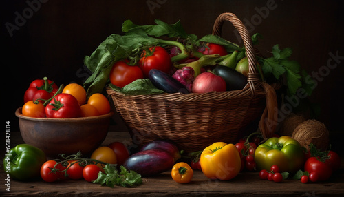 Fresh organic vegetable salad in wicker basket on rustic table generated by AI