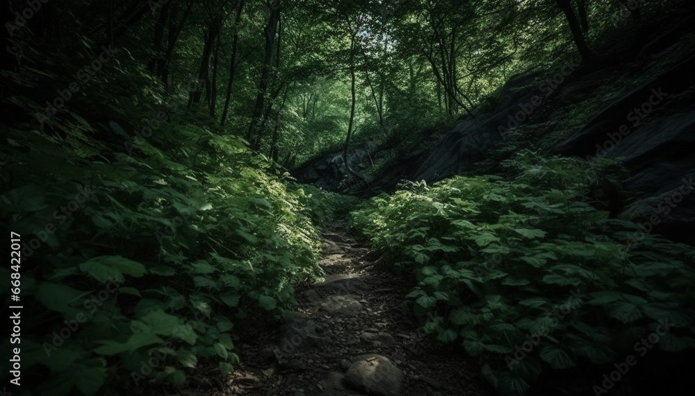 Tranquil scene green tree, leaf, footpath, sunlight, water, wilderness generated by AI Tranquil scene green tree, leaf, footpath, sunlight, water, wilderness generated by AI