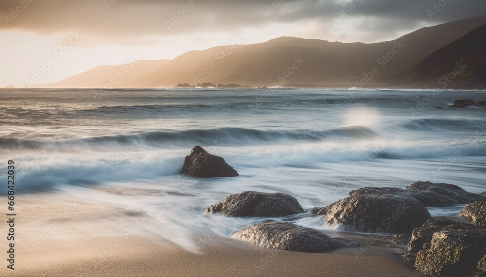 Obraz premium Sunset over the tranquil coastline, waves breaking on rocky cliffs generated by AI