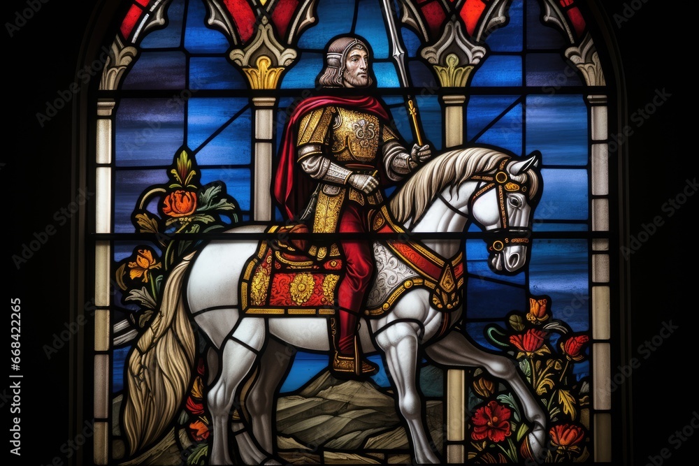 Stained glass window depicting a knight, colorful, religious