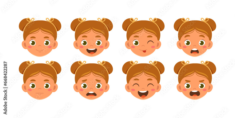Character girl head set. Kid with different feelings and moods. Schooler and preschooler. Pack for animations. Poster or banner. Cartoon flat vector collection isolated on white background Character girl head set. Kid with different feelings and moods. Schooler and preschooler. Pack for animations. Poster or banner. Cartoon flat vector collection isolated on white background