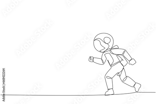 Continuous one line drawing young astronaut doing light exercise. Running aims to maintain heart health. Astronaut with healthy life style. Good mental. Single line draw design vector illustration
