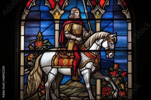 Stained glass window depicting a knight, colorful, religious