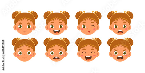 Character girl head set. Kid with different feelings and moods. Schooler and preschooler. Pack for animations. Poster or banner. Cartoon flat vector collection isolated on white background