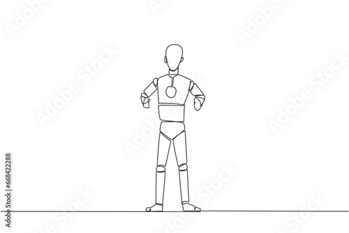 Single continuous line drawing smart robot standing straight. Survive inflation and pandemics. Looking to the future of business is full of hopes of success. Tech. One line design vector illustration