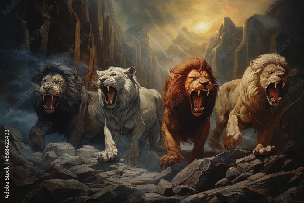 The vision of the four beasts in the book of Daniel. - obrazy, fototapety, plakaty 