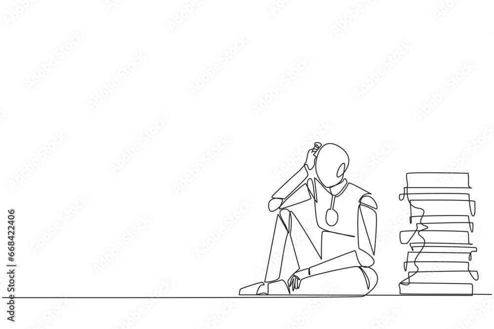 Single continuous line drawing robot sitting near piles of work files. Too much work is stressful. Putting off work makes work neglected. Tired. Unhappy. AI tech. One line design vector illustration Single continuous line drawing robot sitting near piles of work files. Too much work is stressful. Putting off work makes work neglected. Tired. Unhappy. AI tech. One line design vector illustration