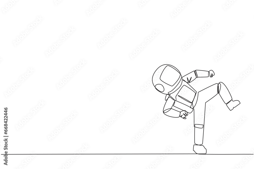 Continuous one line drawing young astronaut doing taekwondo movements. Kicking motion. Strong legs. Keeping business with sport. Keep healthy stay strong. Single line draw design vector illustration Continuous one line drawing young astronaut doing taekwondo movements. Kicking motion. Strong legs. Keeping business with sport. Keep healthy stay strong. Single line draw design vector illustration