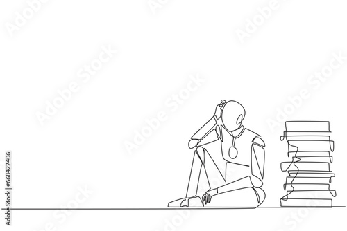 Single continuous line drawing robot sitting near piles of work files. Too much work is stressful. Putting off work makes work neglected. Tired. Unhappy. AI tech. One line design vector illustration