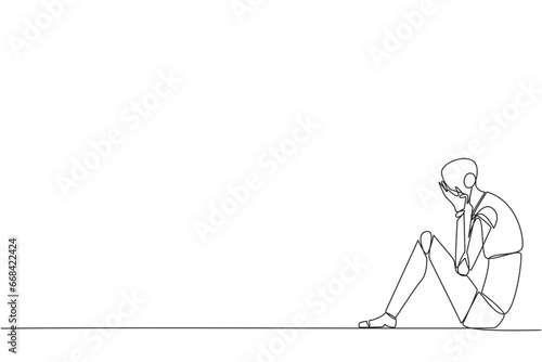 Continuous one line drawing smart robot sitting while covering face. Unhappy robotic bemoans the fate of business. Failure to develop business unit. Tech. Single line draw design vector illustration