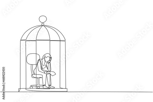 Single continuous line drawing businesswoman trapped in cage sitting pensively holding paper. Failed business. Read the bankruptcy statement. Frustration. Sad. One line design vector illustration