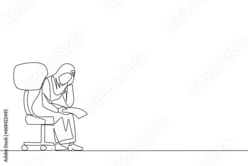 Single continuous line drawing sad Arab businesswoman sit limply in chair. Pensively holding piece of bill paper. The large of receivables, business will collapse. One line design vector illustration