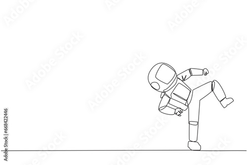 Continuous one line drawing young astronaut doing taekwondo movements. Kicking motion. Strong legs. Keeping business with sport. Keep healthy stay strong. Single line draw design vector illustration