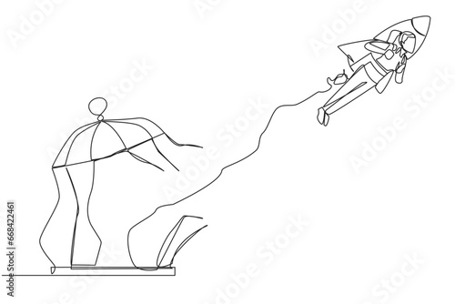 Single one line drawing businesswoman flying with rocket and breaks the cage. Free from traps. Getting a booster to continue the business. Business soared. Continuous line design graphic illustration