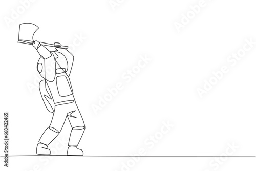 Single one line drawing young young astronaut swinging an axe. Style like a lumberjack. Strong. Muscular. Powerful. Sports for physical health. Awareness. Continuous line design graphic illustration