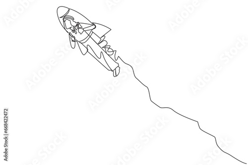 Single one line drawing Arabian businessman flying with rocket. Desire to take the business to the skies. Successful entrepreneur. The great businessman. Continuous line design graphic illustration