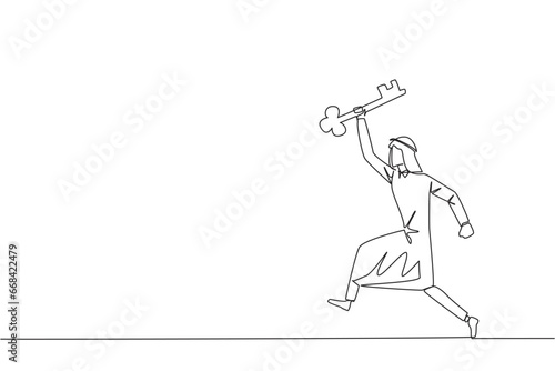 Single continuous line drawing Arabian businessman running holding key. Doing celebrate. Perform movements like a relay athlete. The secret key to business revival. One line design vector illustration