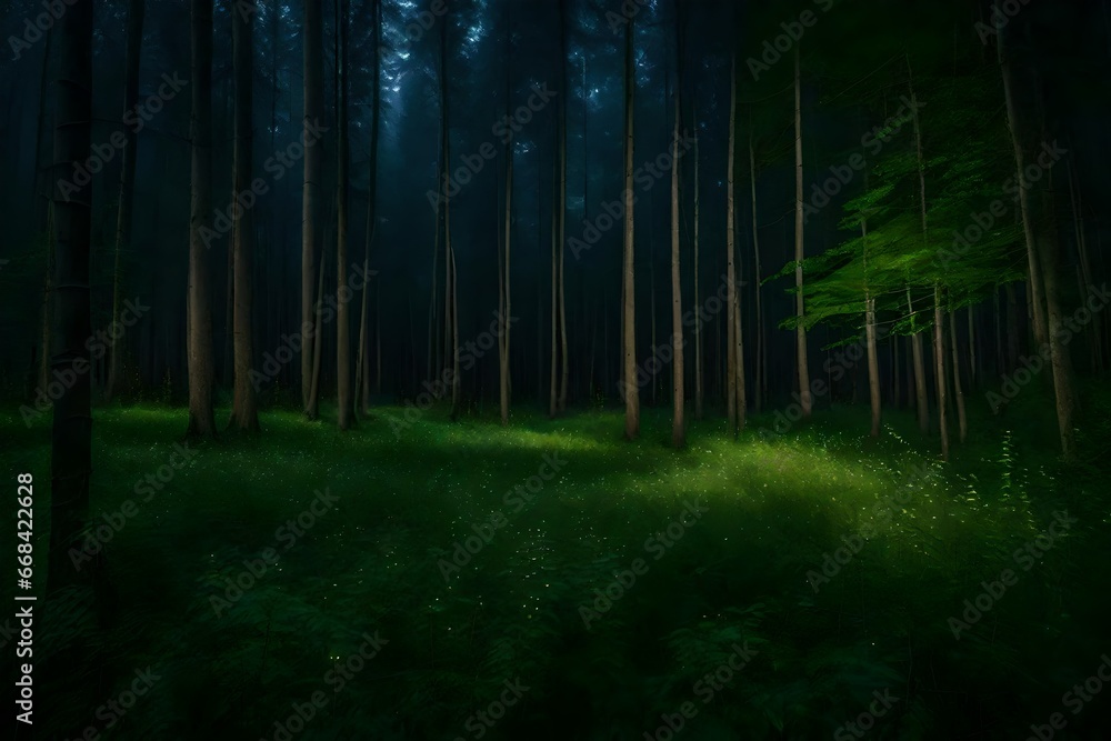 A pristine forest clearing at dusk, where fireflies illuminate the night
