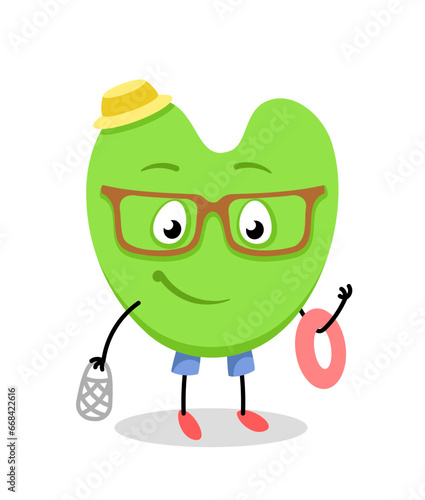 Cute monster character concept. Abstract spotted demon. Fictional character in glasses with string bag. Social media sticker. Cartoon flat vector illustration isolated on white background